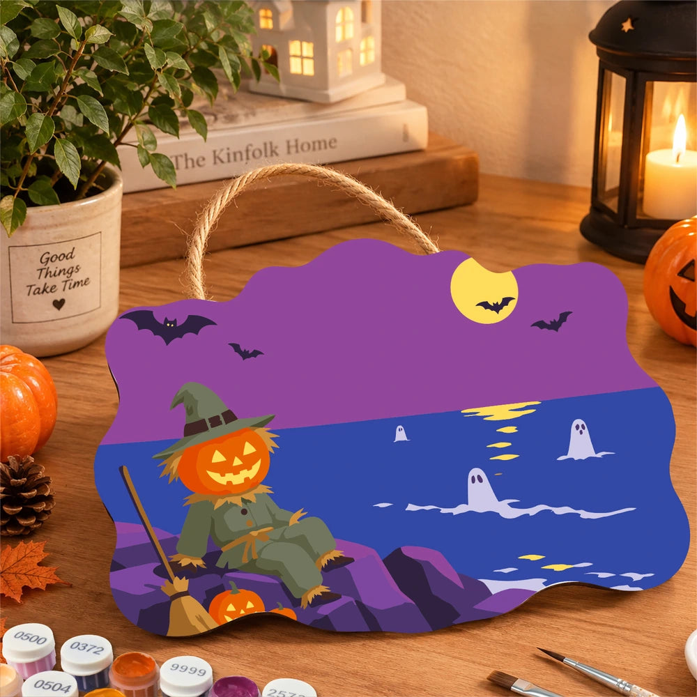 Paint by Numbers - Wooden Door Hanger | Scarecrow by the Sea at Night