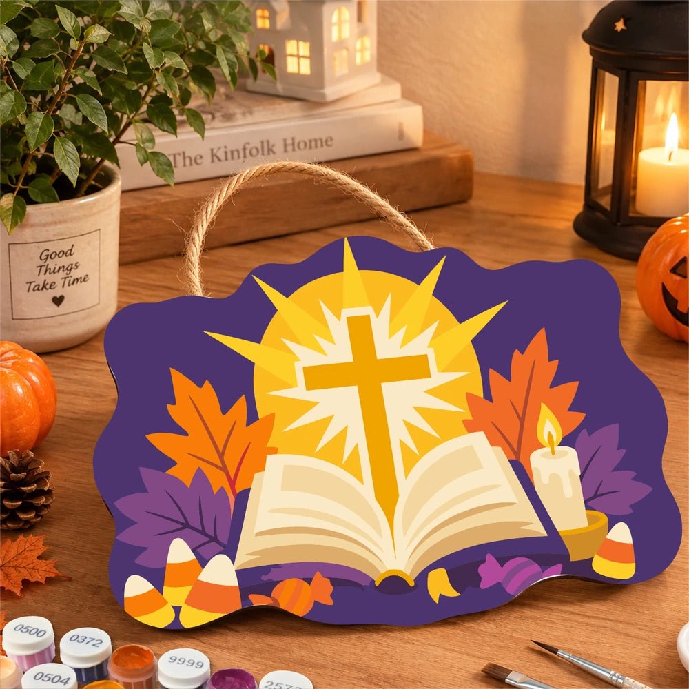 Paint by Numbers - Wooden Door Hanger | Shining Cross Over the Open Bible