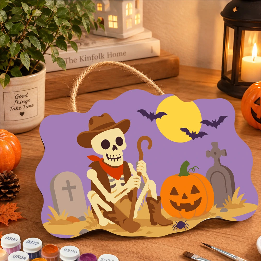 
Paint by Numbers - Wooden Door Hanger | Skeleton Cowboy in the Graveyard