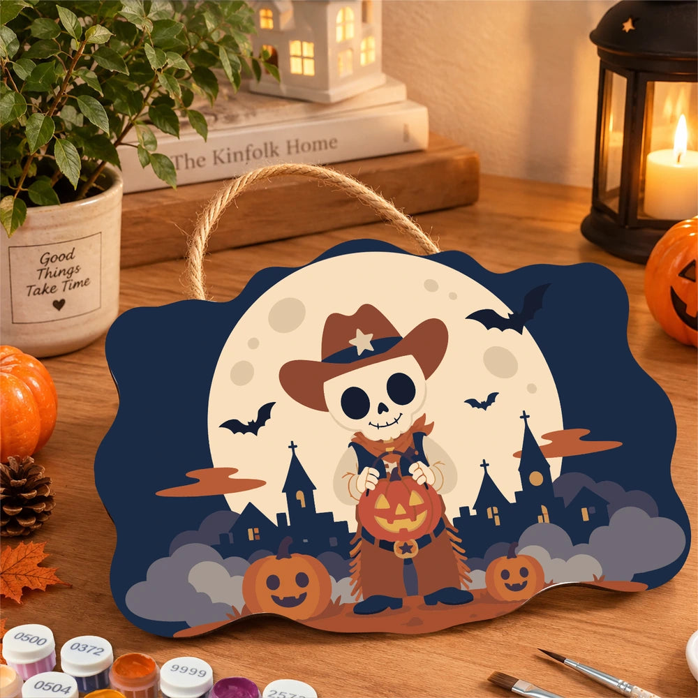 Paint by Numbers - Wooden Door Hanger | Skeleton Cowboy with a Pumpkin