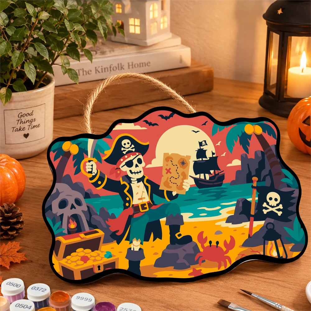 
Paint by Numbers - Wooden Door Hanger | Skeleton Pirate with a Treasure Map