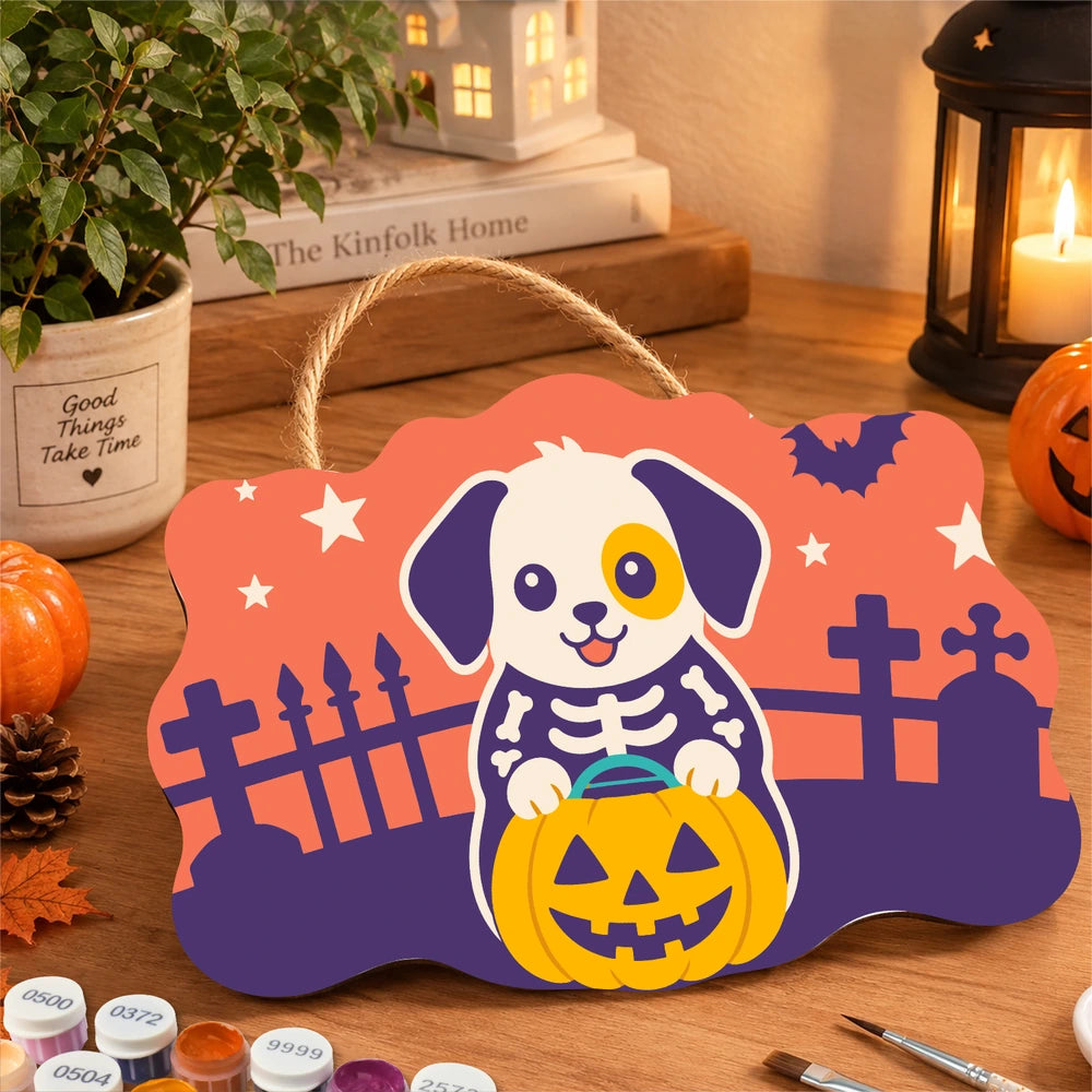 Paint by Numbers - Wooden Door Hanger | Skeleton Puppy with a Pumpkin