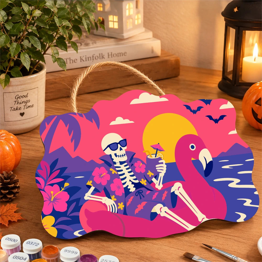 Paint by Numbers - Wooden Door Hanger | Skeleton on a Flamingo Float