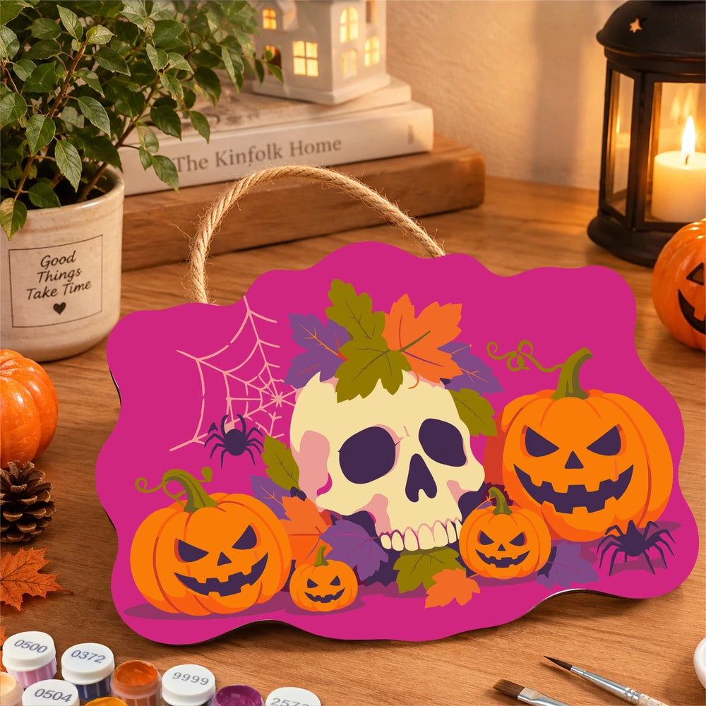Paint by Numbers - Wooden Door Hanger | Skull with Autumn Leaves and Pumpkins