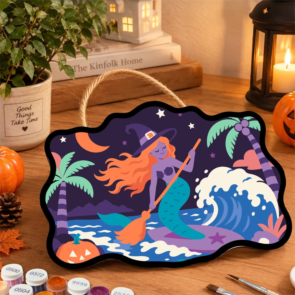 Paint by Numbers - Wooden Door Hanger | Surfing Mermaid Witch