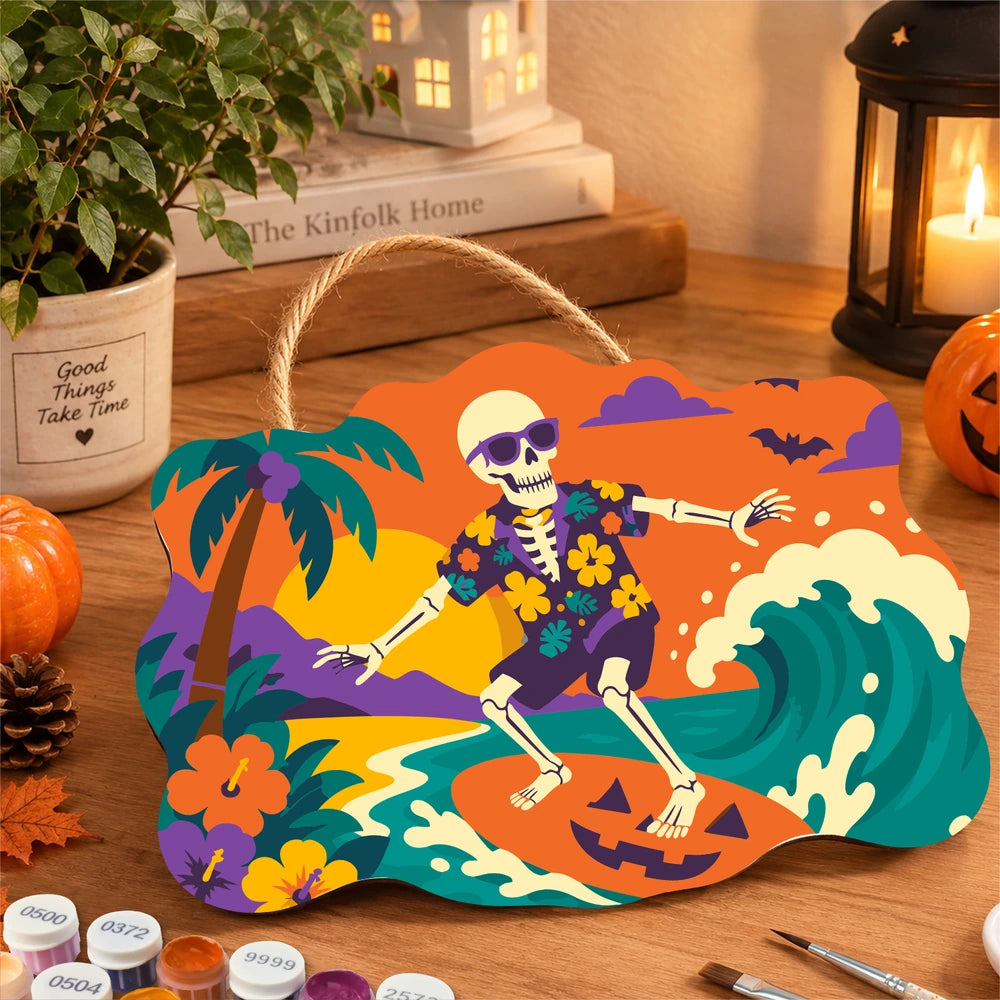 Paint by Numbers - Wooden Door Hanger | Surfing Skeleton in a Hawaiian Shirt