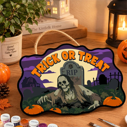Paint by Numbers - Wooden Door Hanger | Trick or Treat Graveyard Zombie
