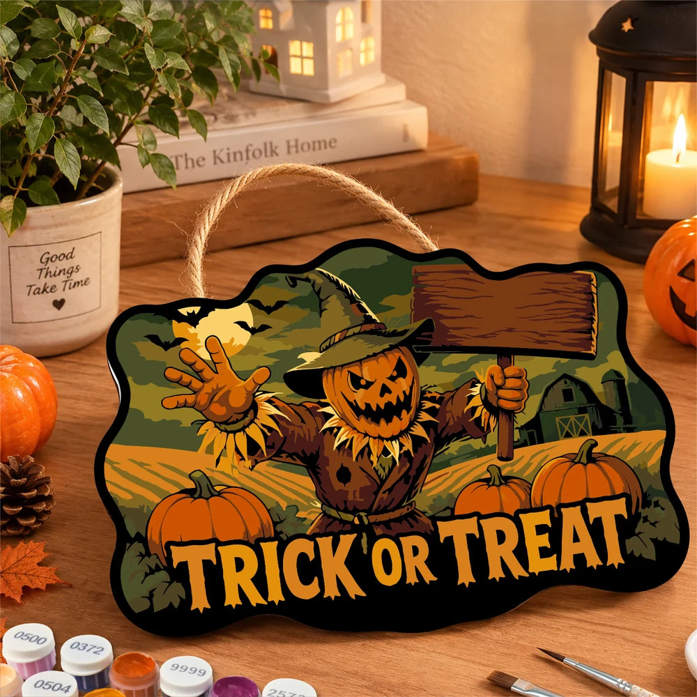
Paint by Numbers - Wooden Door Hanger | Trick or Treat Scarecrow with a Sign