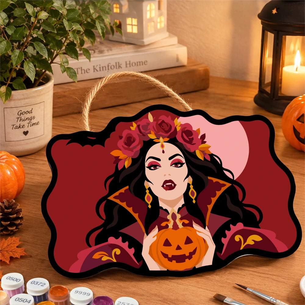 
Paint by Numbers - Wooden Door Hanger | Vampire Queen with a Jack-o'-Lantern