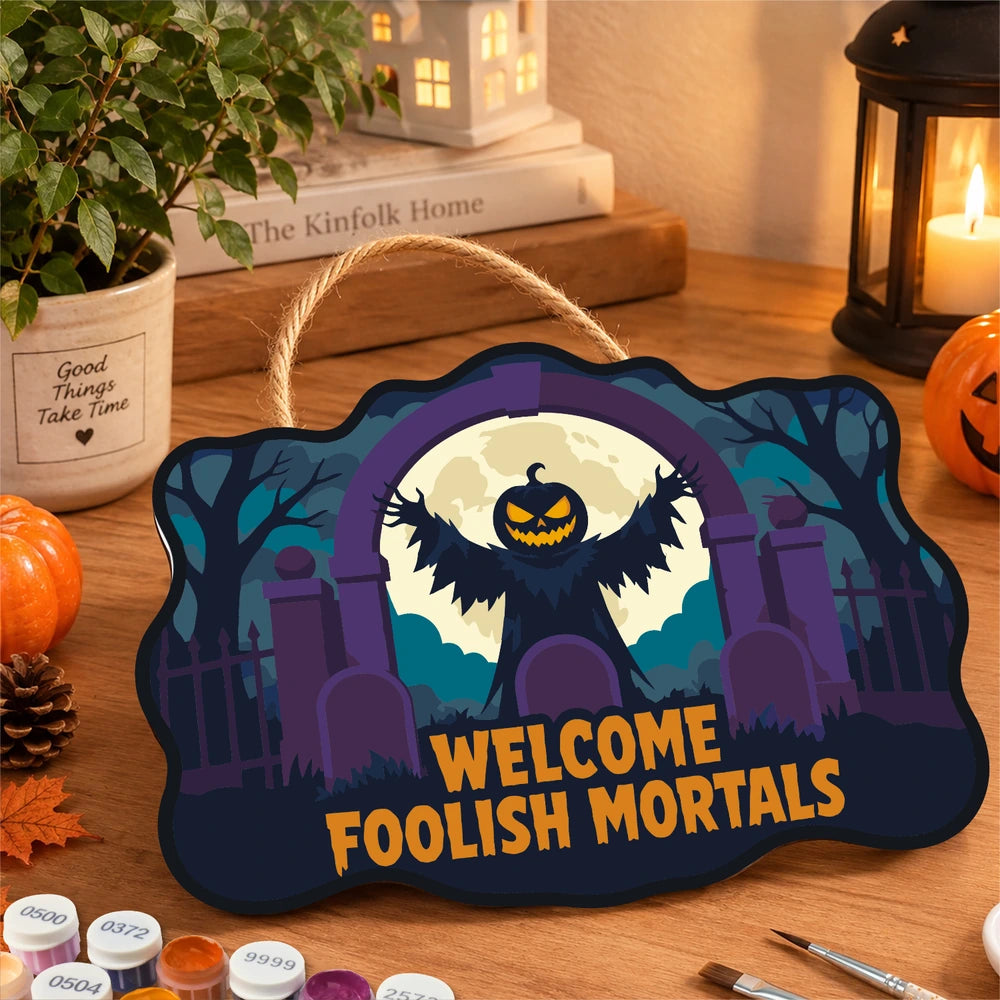 Paint by Numbers - Wooden Door Hanger | Welcome Foolish Mortals Pumpkin Bat