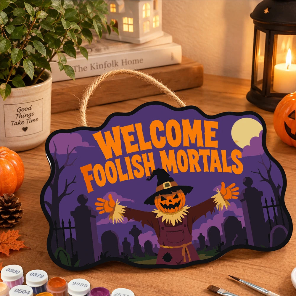 Paint by Numbers - Wooden Door Hanger | Welcome Foolish Mortals Pumpkin Scarecrow