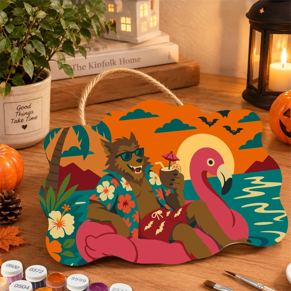 
Paint by Numbers - Wooden Door Hanger | Werewolf on a Flamingo Float