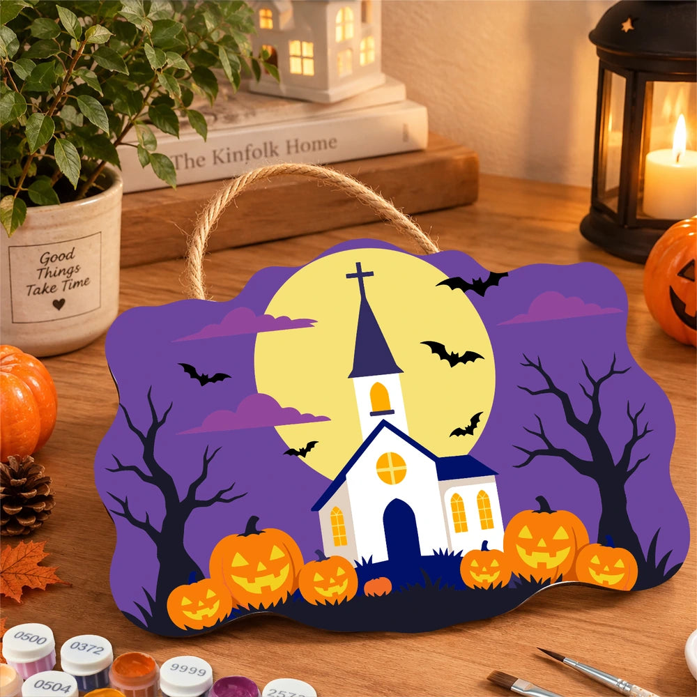 Paint by Numbers - Wooden Door Hanger | White Church Under the Full Moon