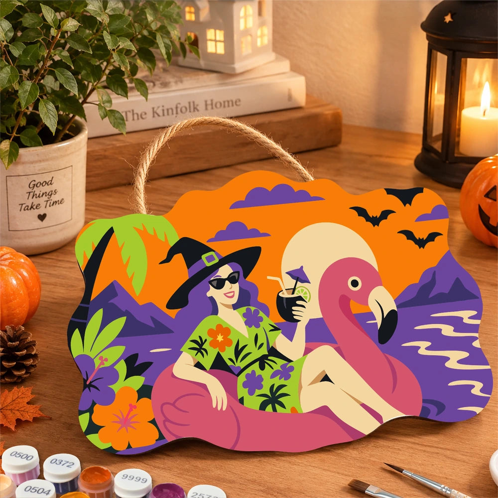 Paint by Numbers - Wooden Door Hanger | Witch on a Flamingo Float