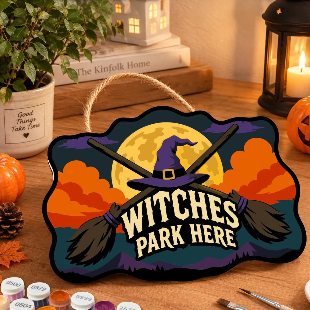 
Paint by Numbers - Wooden Door Hanger | Witches Park Here Crossed Brooms