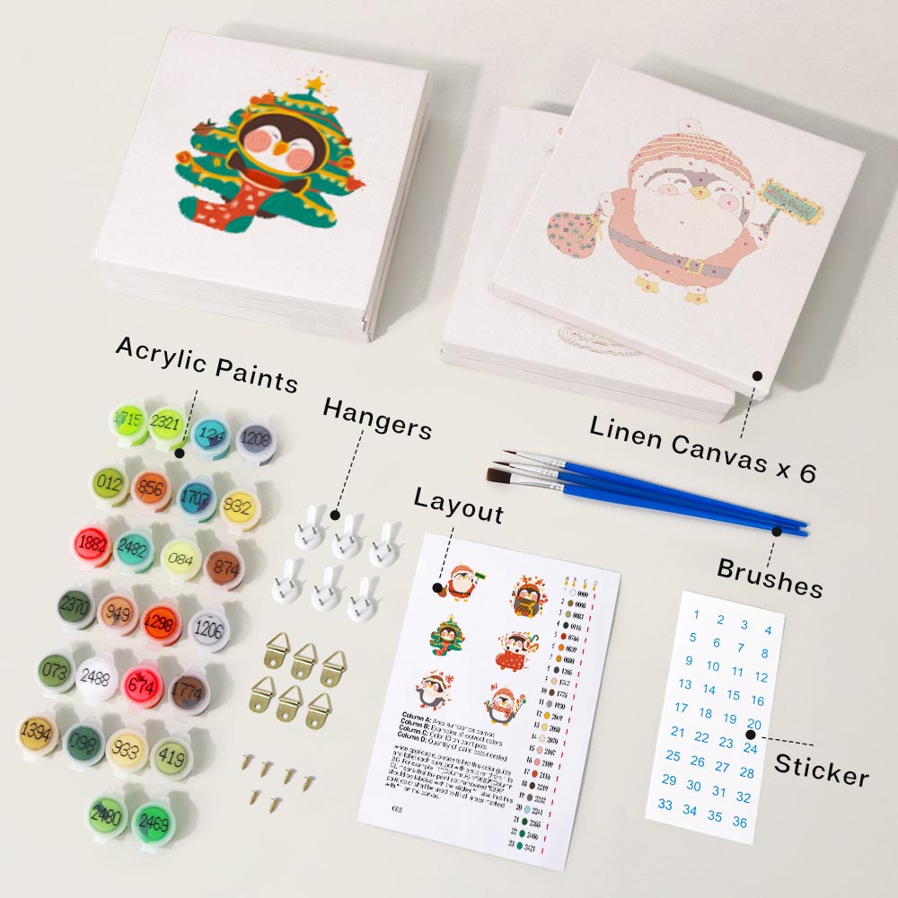 Paint by Numbers – 6 Mini Paintings | Christmas Penguins Set