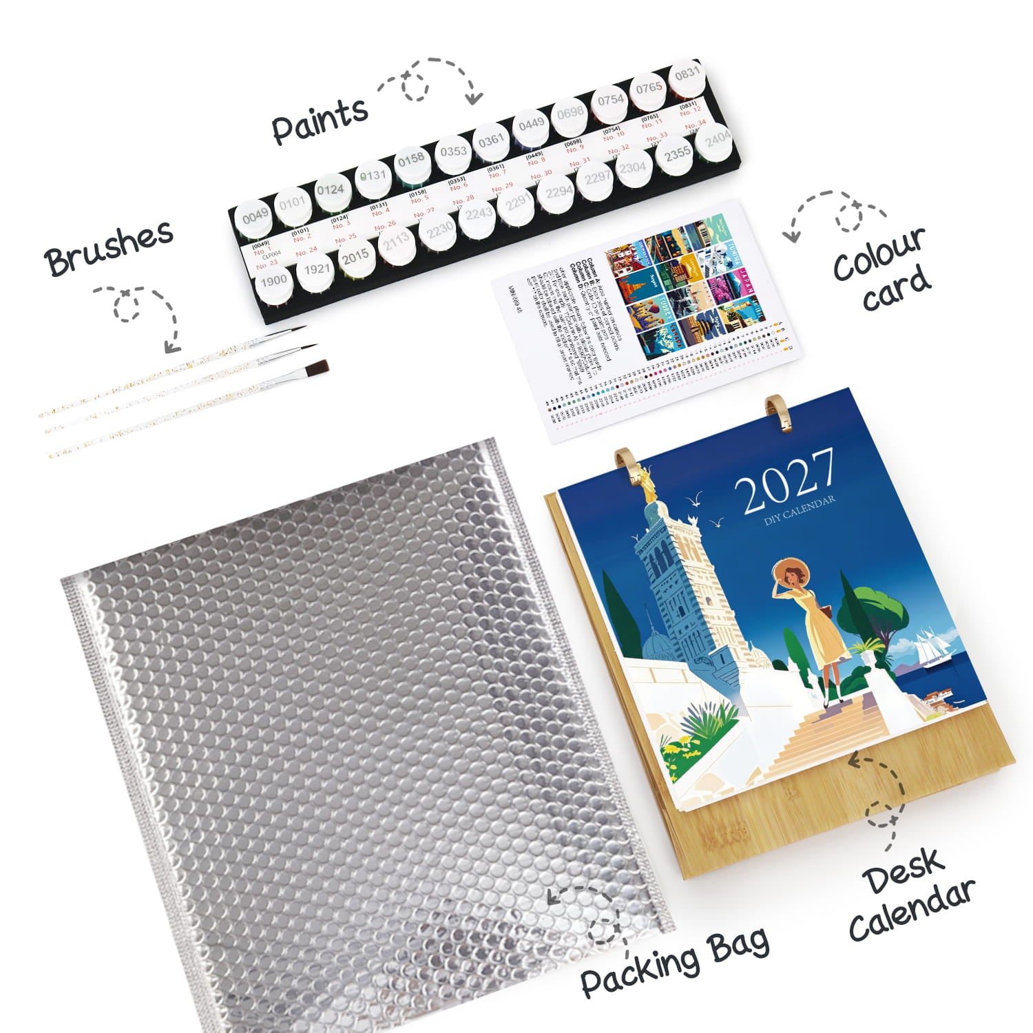A flat-lay product shot of a painting kit with labeled callouts: a set of white paint tubes in a black tray, several white brushes, a small color card, a silver bubble-style packing bag, and a 2027 desk calendar on a wooden base. The background is plain white.
