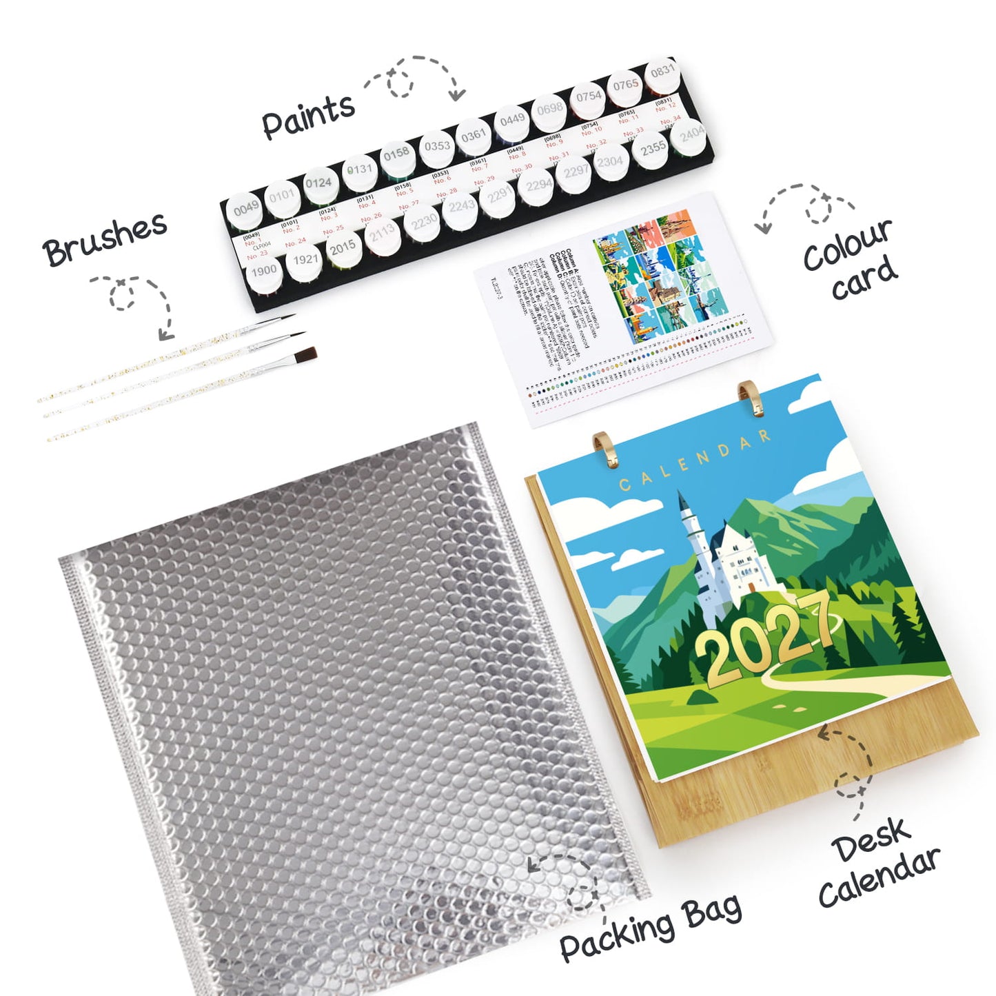 Painting kit with a 12-color paint palette, paintbrushes, a color card, a silver bubble packing bag, and a 2027 desk calendar on a white background with handwritten labels.