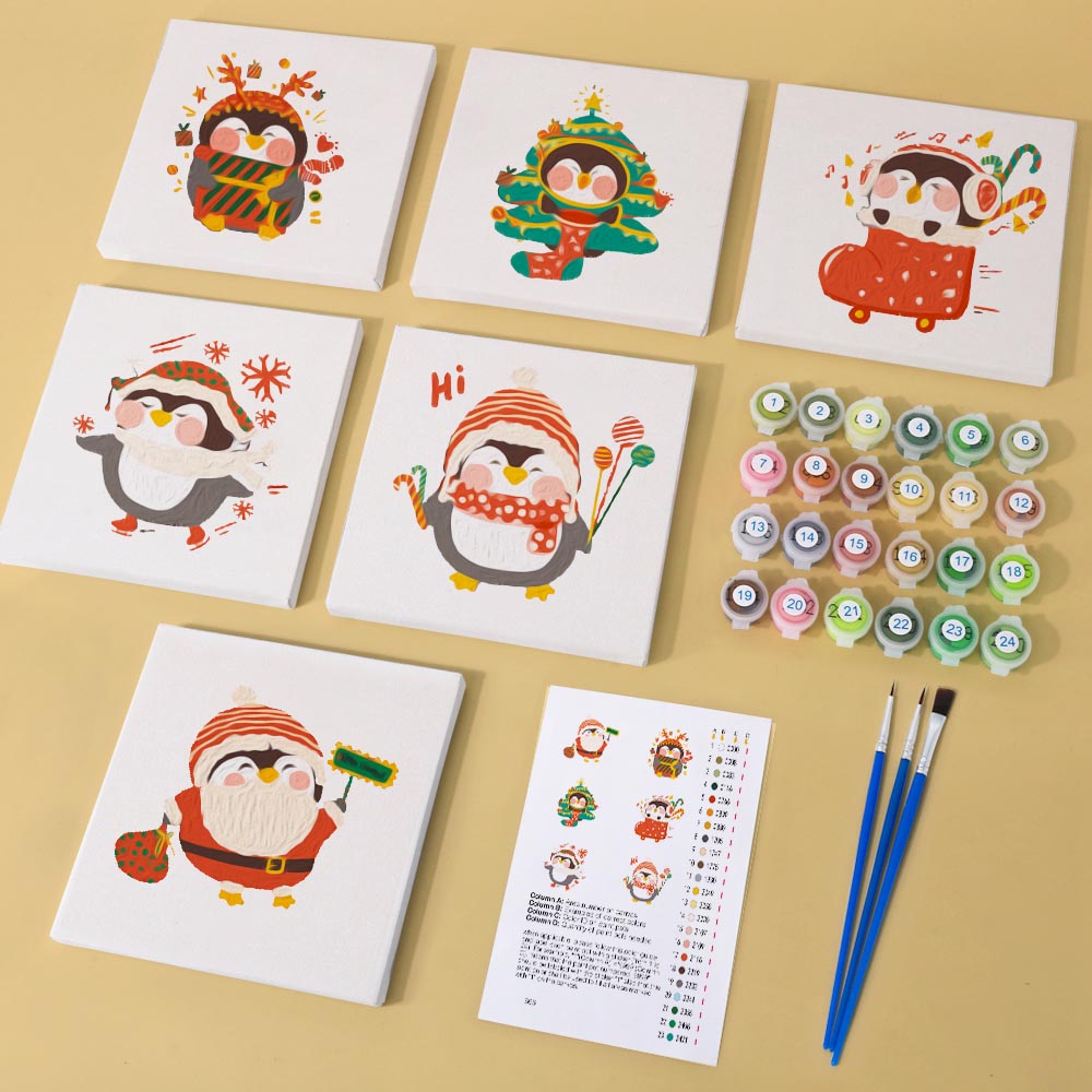 Paint by Numbers – 6 Mini Paintings | Christmas Penguins Set