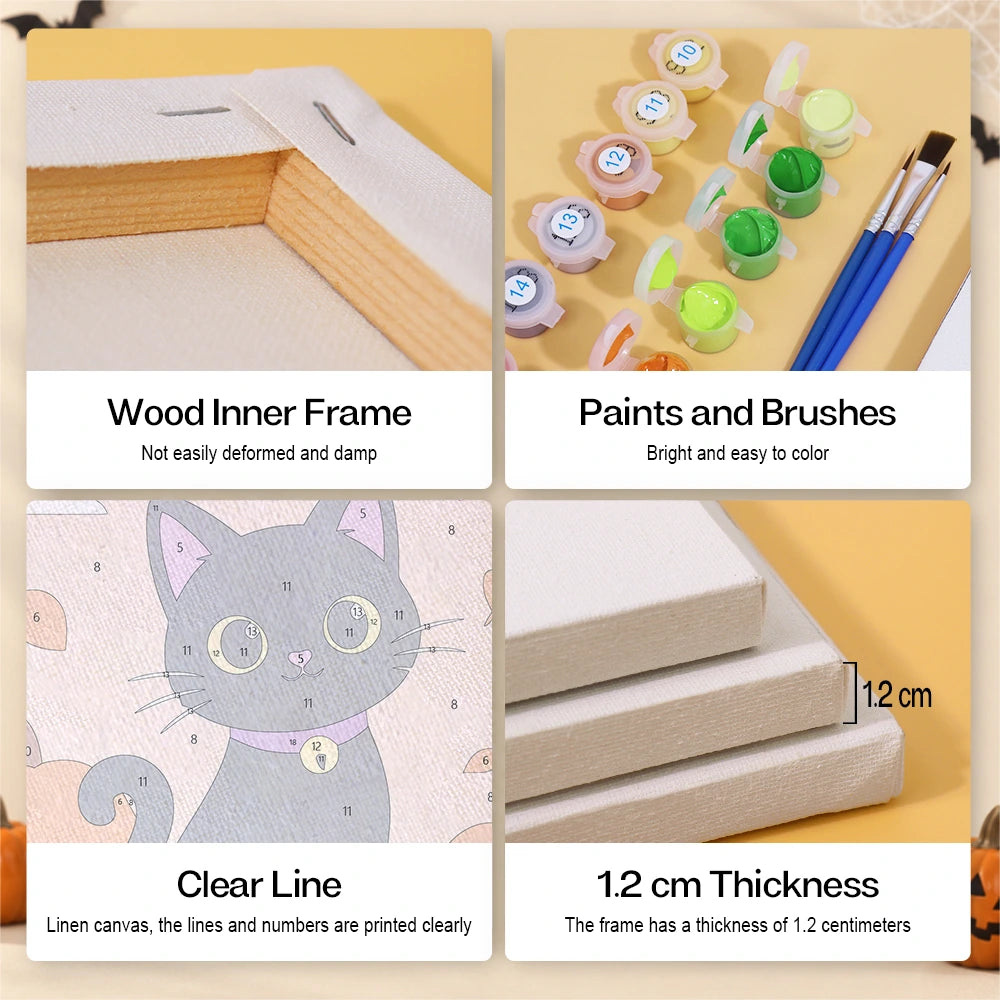 
Paint by Numbers – 6 Mini Paintings | Black Cats with Jack-o'-Lanterns Set