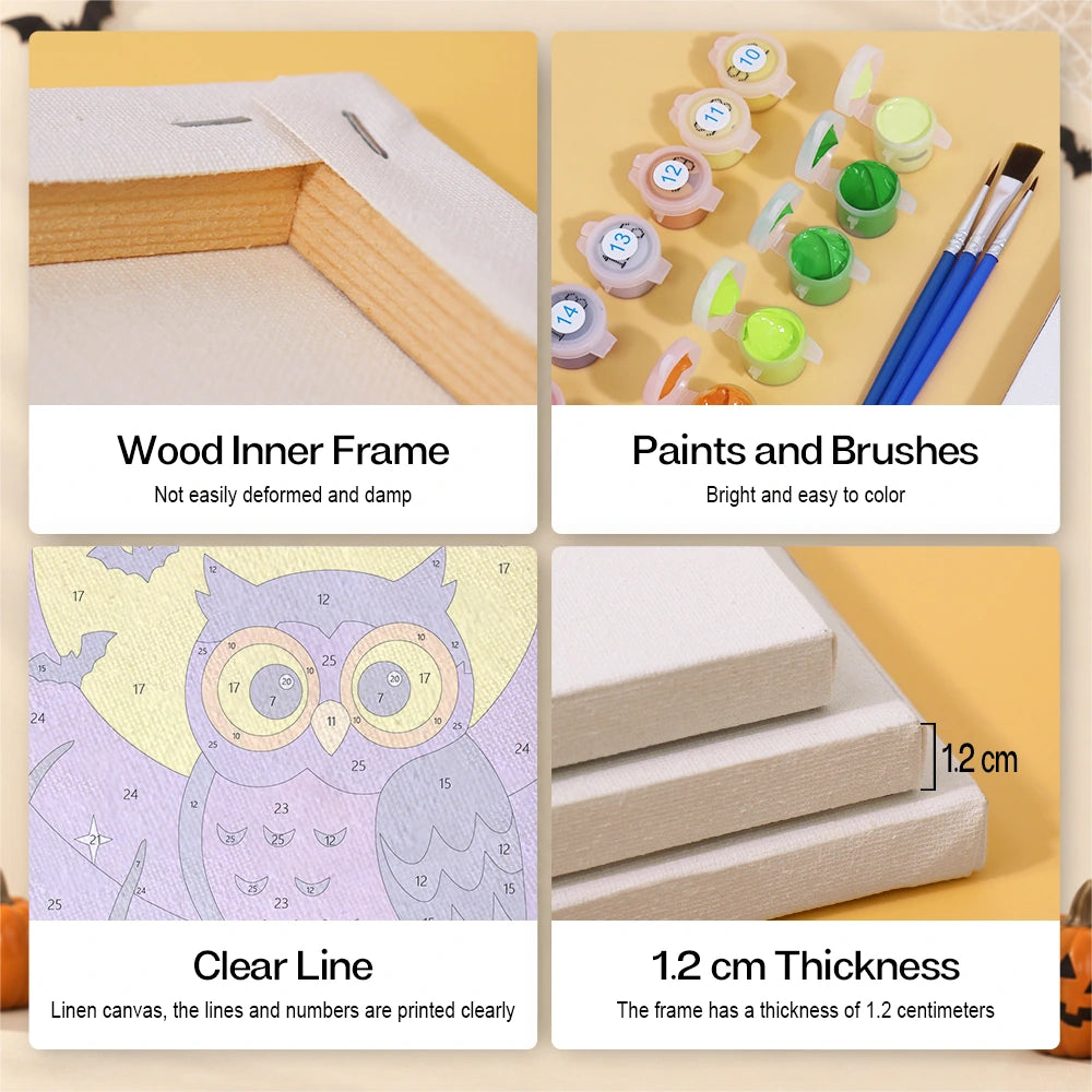 Paint by Numbers – 6 Mini Paintings | Owl, Cat and Dancing Skeleton Set