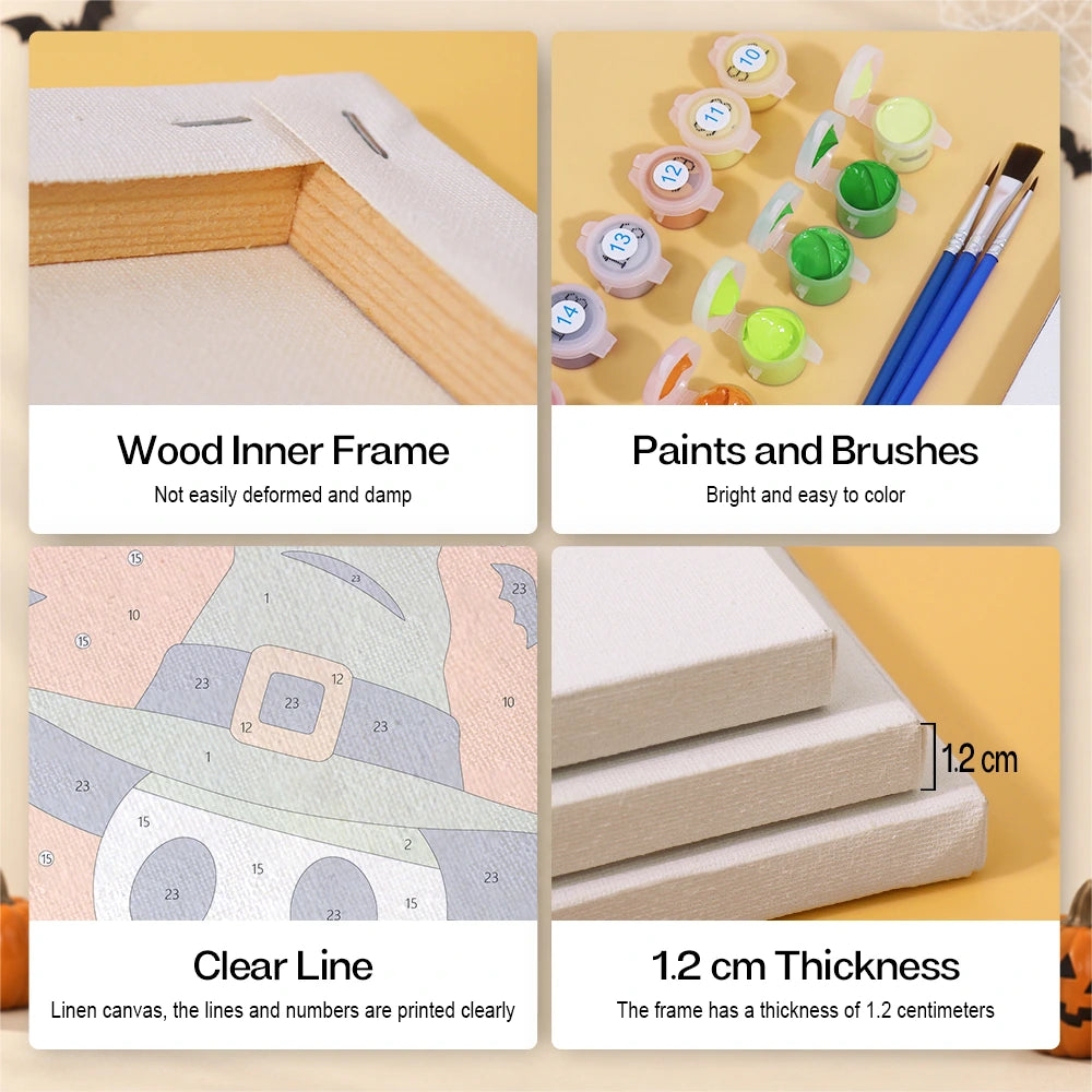 
Paint by Numbers – 6 Mini Paintings | Witch Hat Skull and Broomstick Set