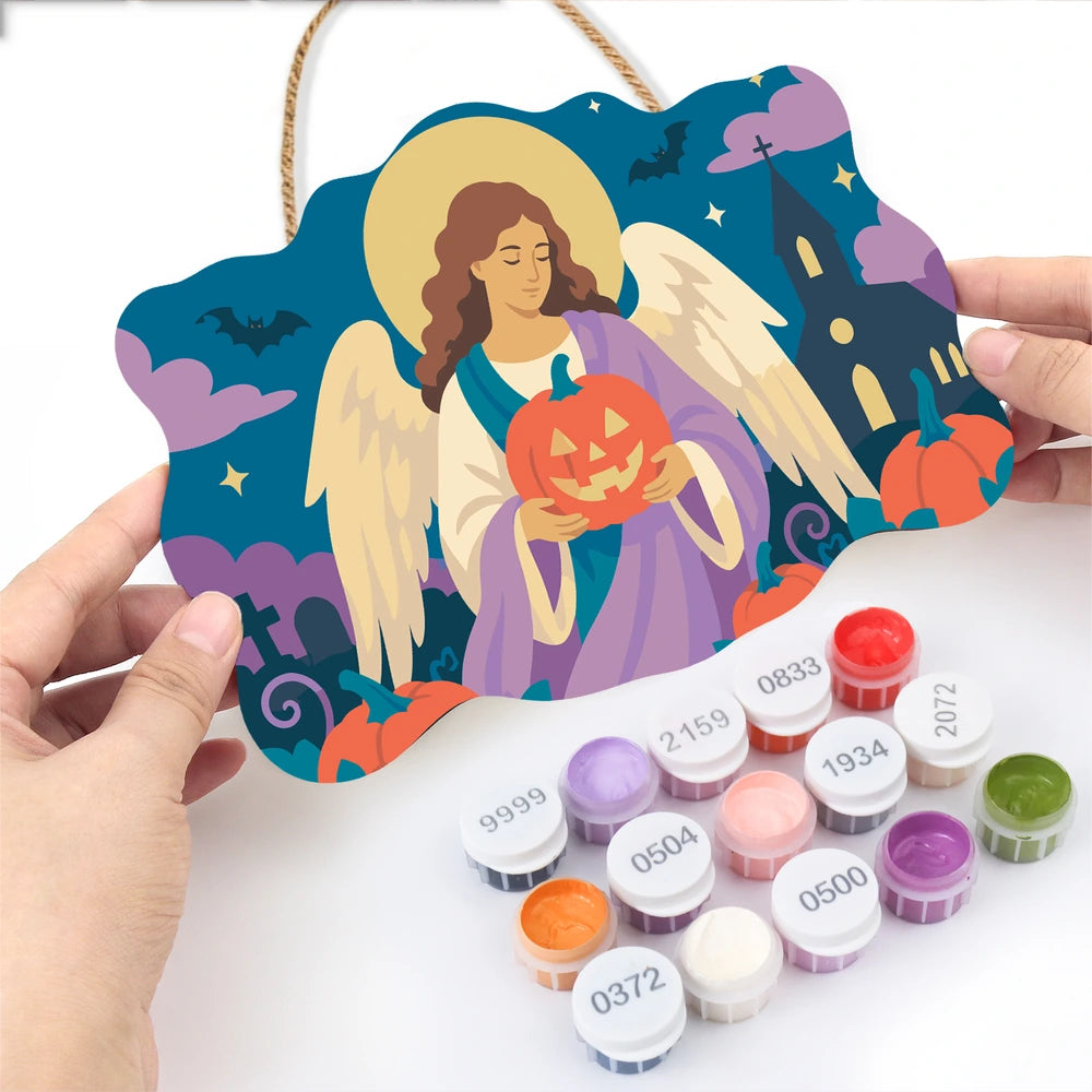 Paint by Numbers - Wooden Door Hanger | Angel with a Jack-o'-Lantern