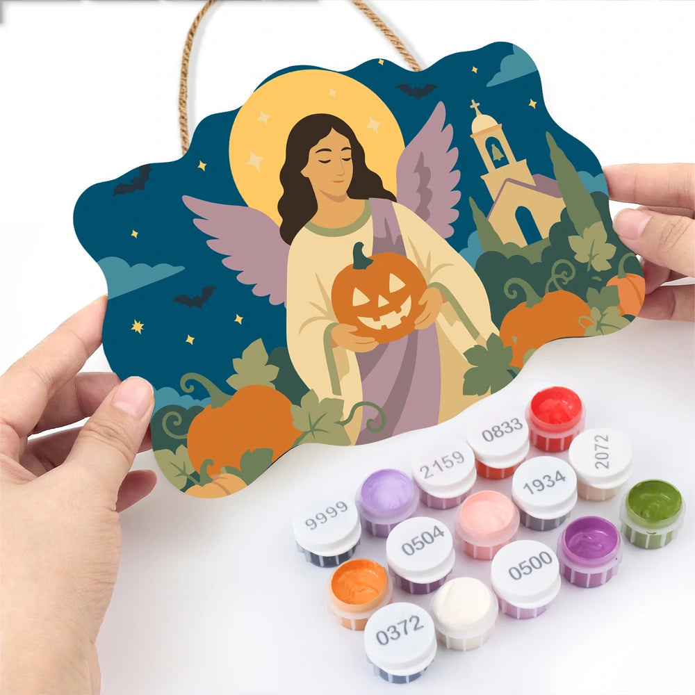 Paint by Numbers - Wooden Door Hanger | Angel with a Jack-o'-Lantern by the Church