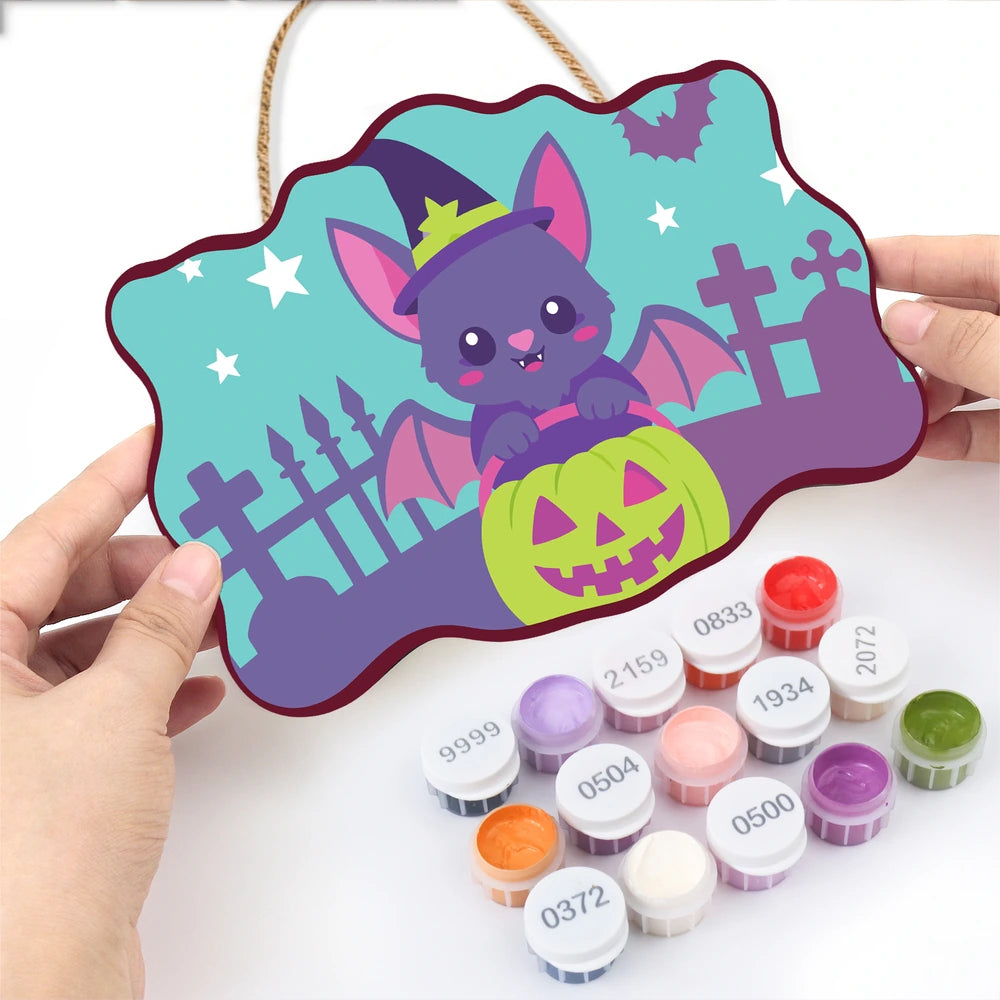 Paint by Numbers - Wooden Door Hanger | Bat in a Witch Hat with a Pumpkin
