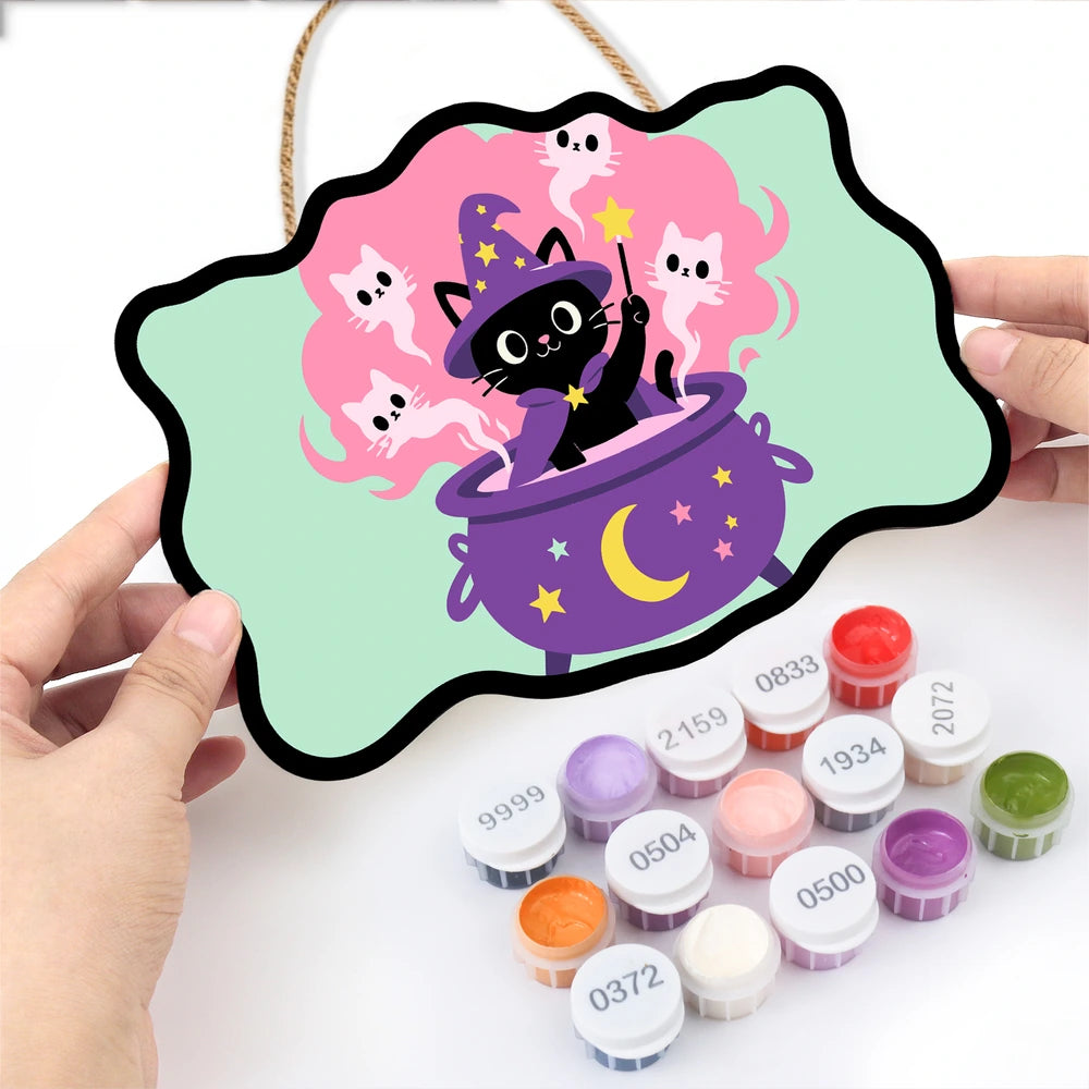 Paint by Numbers - Wooden Door Hanger | Black Cat Magician in the Cauldron