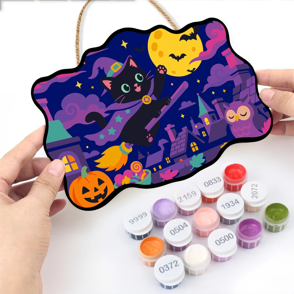 
Paint by Numbers - Wooden Door Hanger | Black Cat Witch Flying Over Town