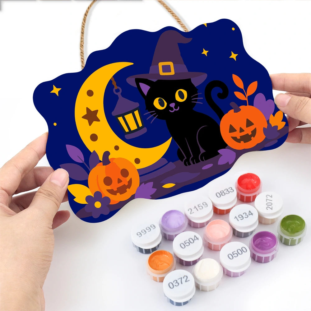 Paint by Numbers - Wooden Door Hanger | Black Cat Witch with a Lantern Moon
