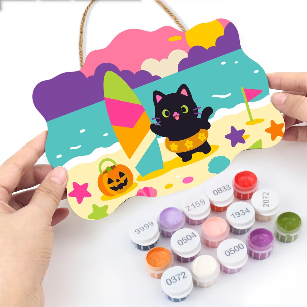 Paint by Numbers - Wooden Door Hanger | Black Cat at the Beach