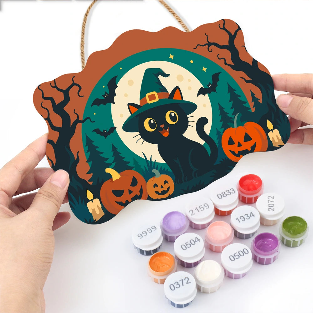 Paint by Numbers - Wooden Door Hanger | Black Cat in a Witch Hat with Pumpkins
