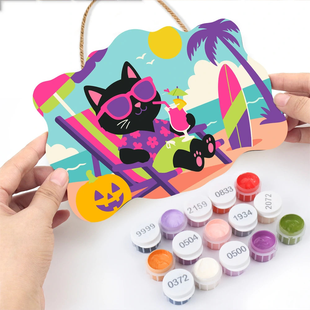 
Paint by Numbers - Wooden Door Hanger | Black Cat on Vacation