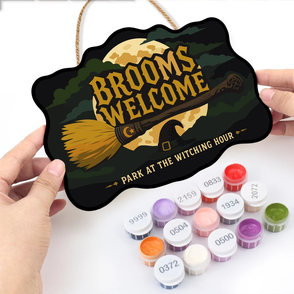 Paint by Numbers - Wooden Door Hanger | Brooms Welcome at the Witching Hour