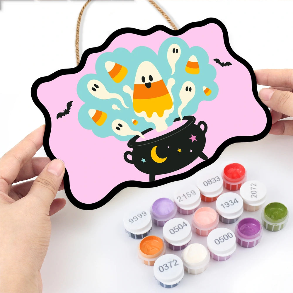 Paint by Numbers - Wooden Door Hanger | Candy Corn Ghosts in the Cauldron