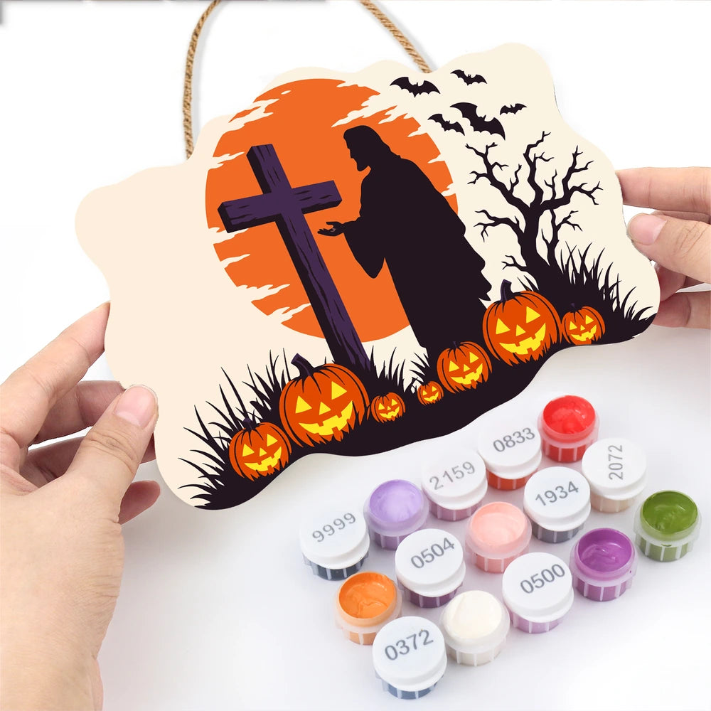Paint by Numbers - Wooden Door Hanger | Cross at Sunset with Pumpkins