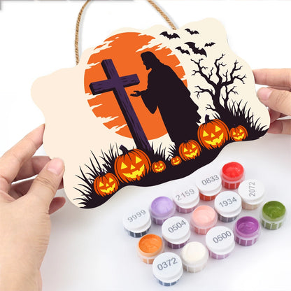 Paint by Numbers - Wooden Door Hanger | Cross at Sunset with Pumpkins