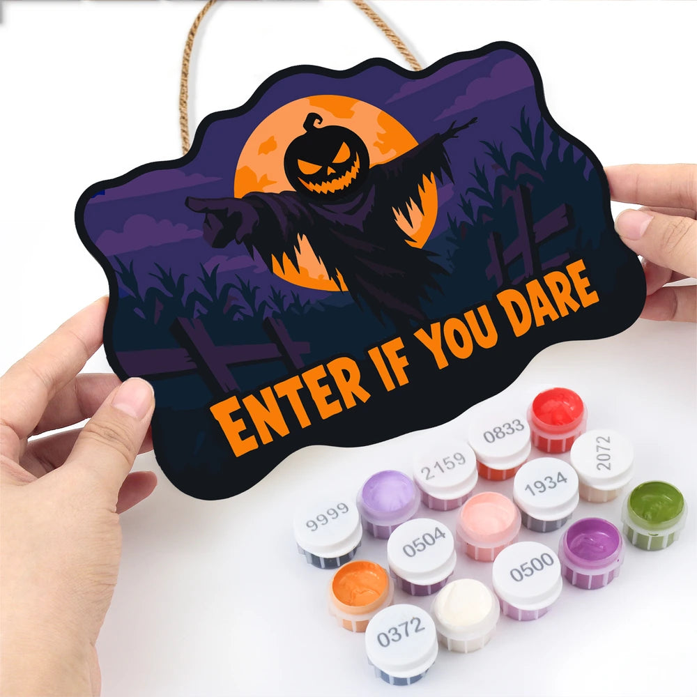 Paint by Numbers - Wooden Door Hanger | Enter If You Dare Pumpkin Scarecrow