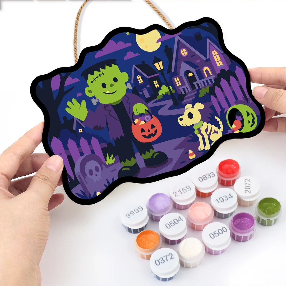 Paint by Numbers - Wooden Door Hanger | Frankenstein Trick-or-Treating