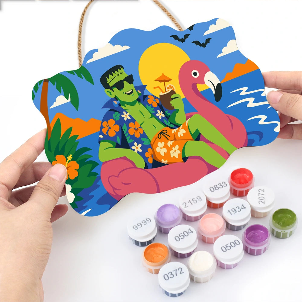 Paint by Numbers - Wooden Door Hanger | Frankenstein on a Flamingo Float