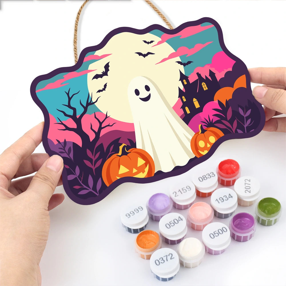 Paint by Numbers - Wooden Door Hanger | Friendly Ghost Under the Full Moon