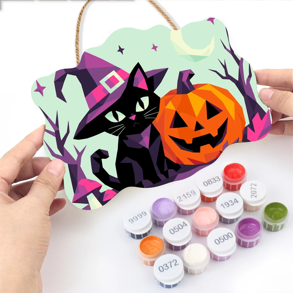 Paint by Numbers - Wooden Door Hanger | Geometric Black Cat with a Jack-o'-Lantern