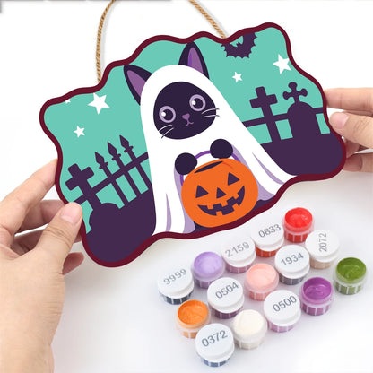 Paint by Numbers - Wooden Door Hanger | Ghost Cat with a Pumpkin