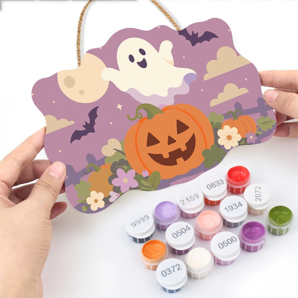 Paint by Numbers - Wooden Door Hanger | Ghost Over a Jack-o'-Lantern at Dusk
