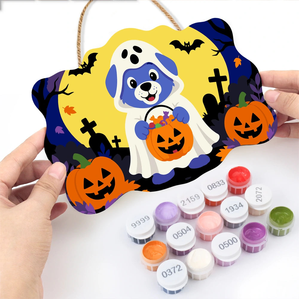 Paint by Numbers - Wooden Door Hanger | Ghost Puppy with a Candy Bucket