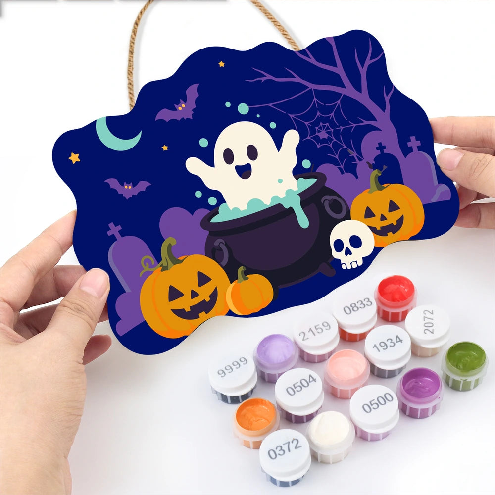 Paint by Numbers - Wooden Door Hanger | Ghost in a Cauldron in the Graveyard