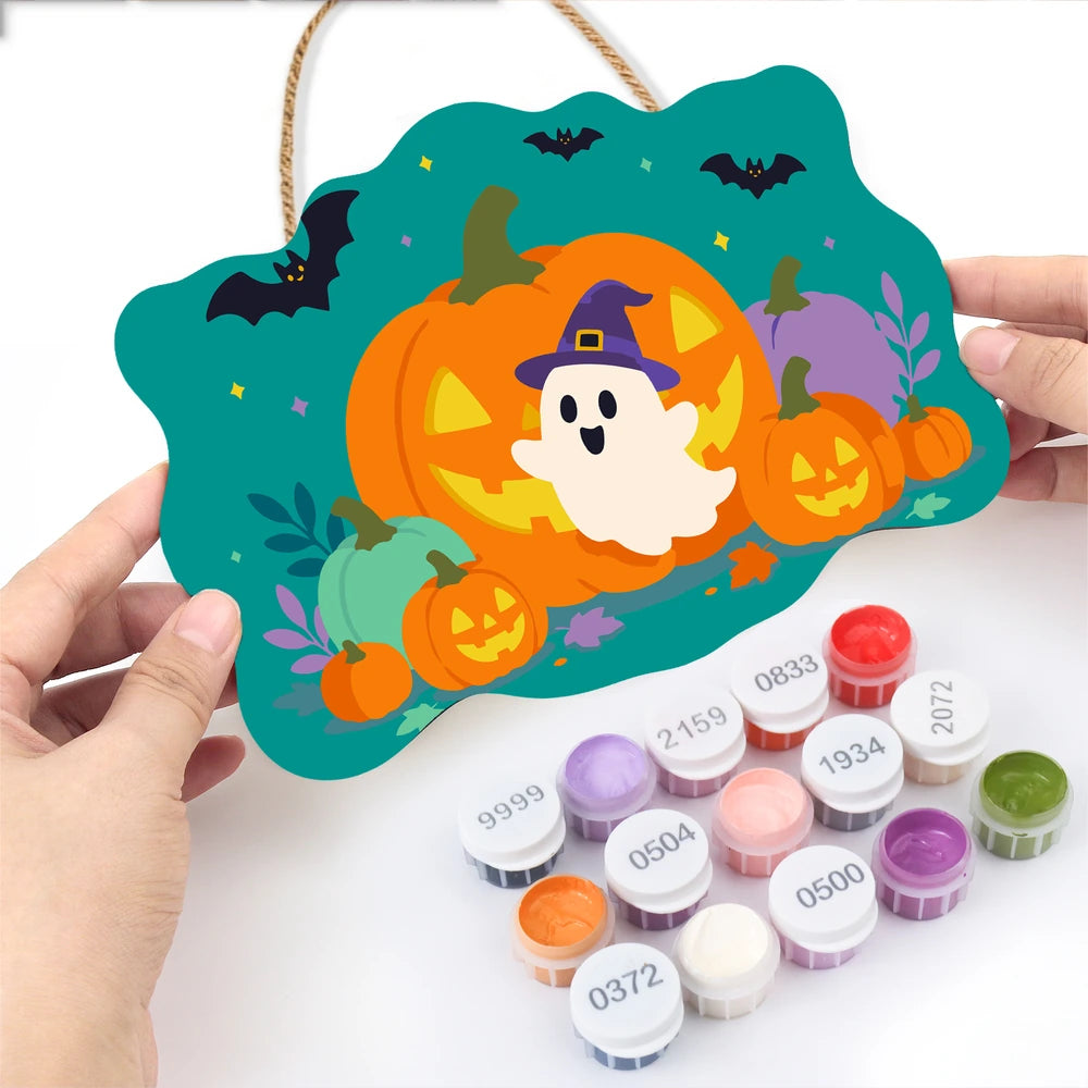 
Paint by Numbers - Wooden Door Hanger | Ghost in a Witch Hat with Pumpkins