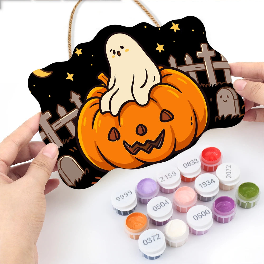 Paint by Numbers - Wooden Door Hanger | Ghost on a Jack-o'-Lantern in the Graveyard